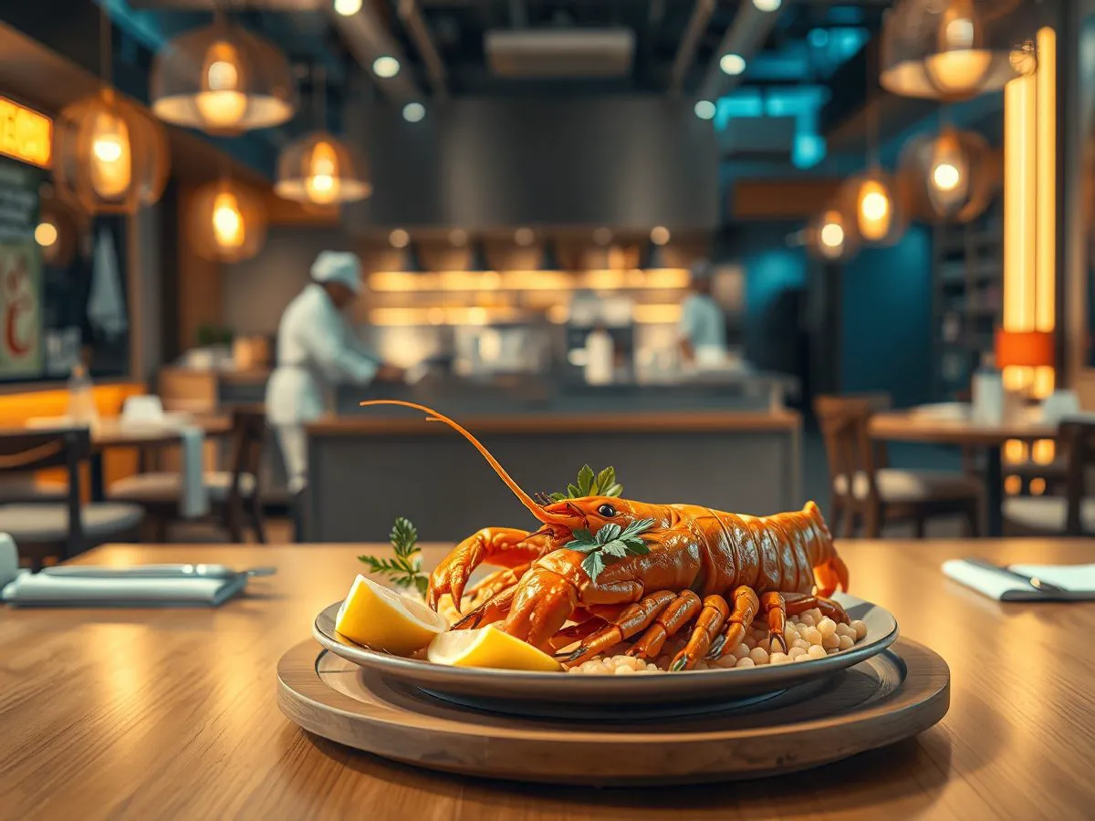J9·九游餐厅堂食环境,展示小龙虾菜品和厨房场景